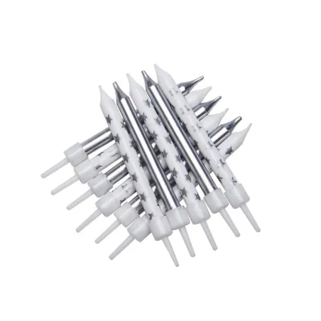Metallic candles silver / white with stars, 12 pieces