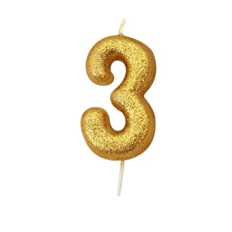 Bougie numérotée 3 or scintillant pour anniversaires, jubilés et autres occasions