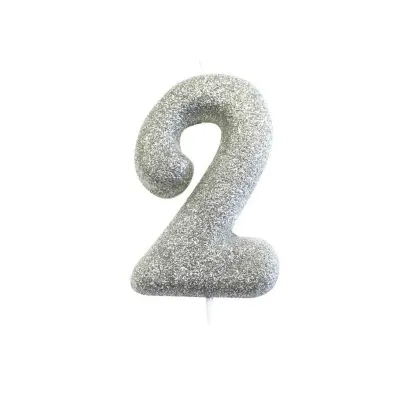 Zahlenkerze 2 Silber Glitzer für Geburtstage, Jubiläen und andere Anlässe