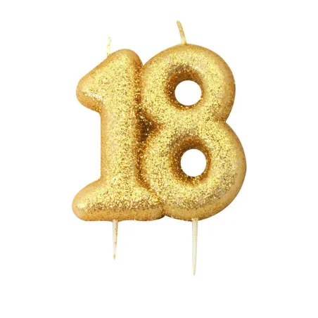 Bougie numérotée 18 or scintillant pour anniversaires, jubilés et autres occasions