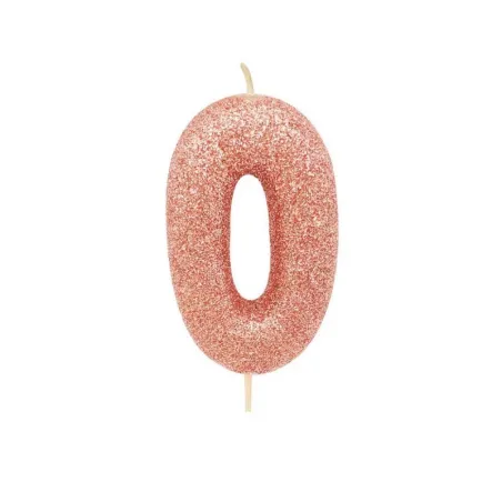 Bougie numérotée 0 or rose scintillant pour anniversaires, jubilés et autres occasions