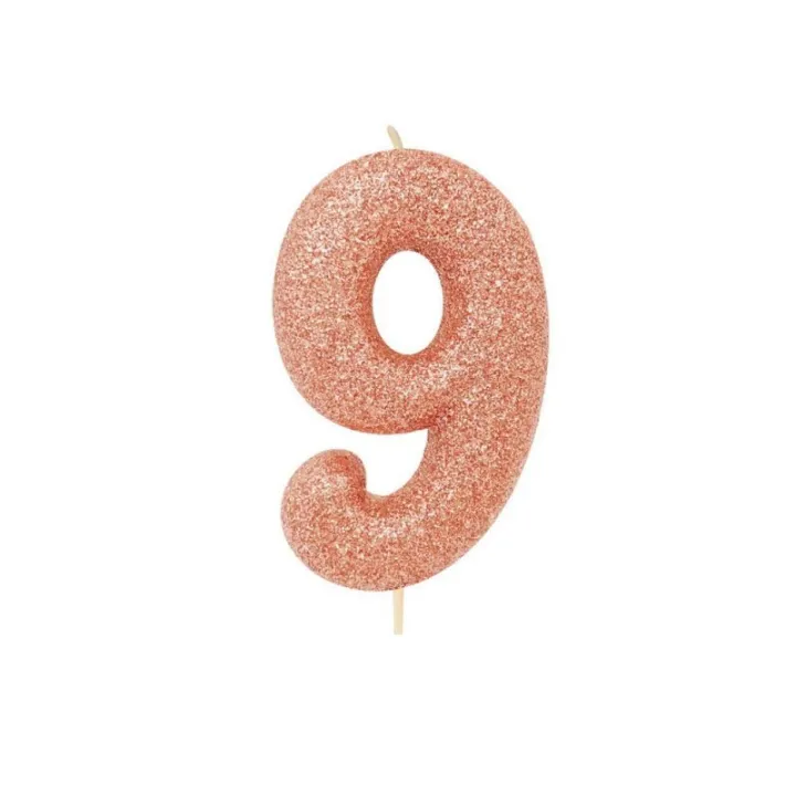 Bougie numérotée 9 or rose scintillant pour anniversaires, jubilés et autres occasions