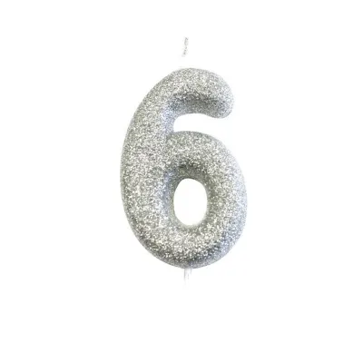 Zahlenkerze 6 Silber Glitzer für Geburtstage, Jubiläen und andere Anlässe