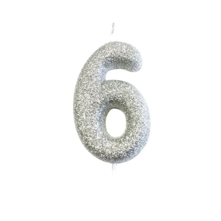 Number candle 6 silver glitter for birthdays, anniversaries and other occasions