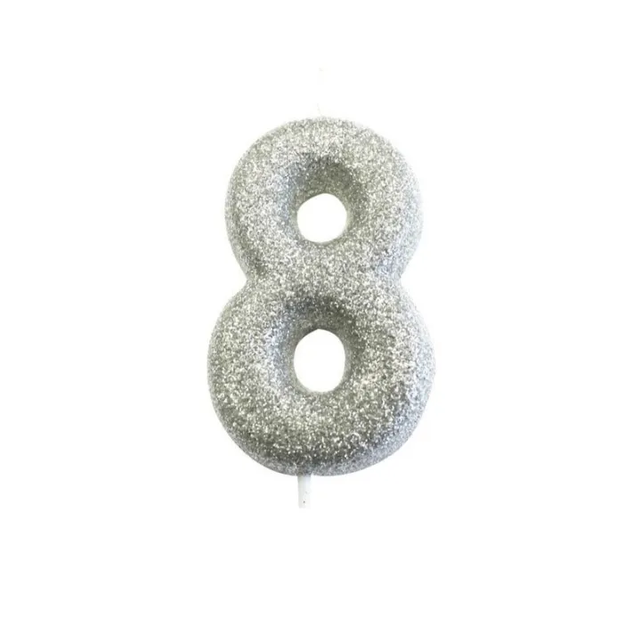 Candela numero 8 glitter argento per compleanni, anniversari e altre occasioni
