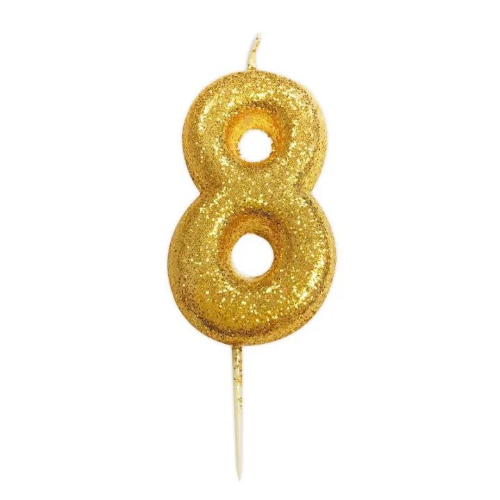 Candelina numero 8 oro glitter per compleanni, anniversari e altre occasioni