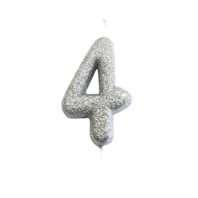 Zahlenkerze 4 Silber Glitzer für Geburtstage, Jubiläen und andere Anlässe
