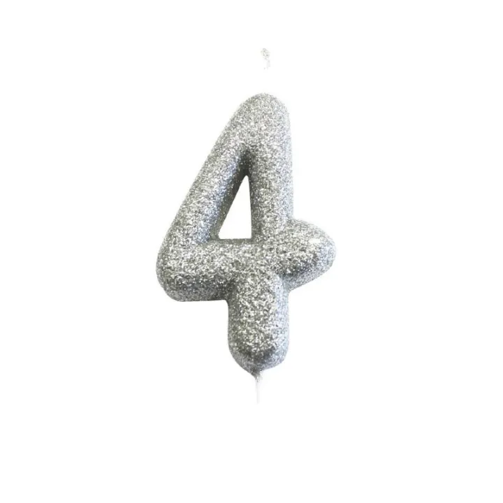 Number candle 4 silver glitter for birthdays, anniversaries and other occasions