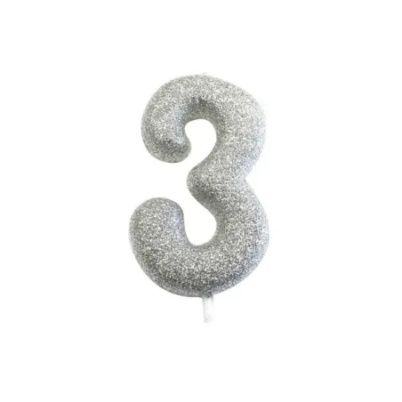 Bougie numérotée 3 argent scintillant pour les anniversaires, les jubilés et autres occasions