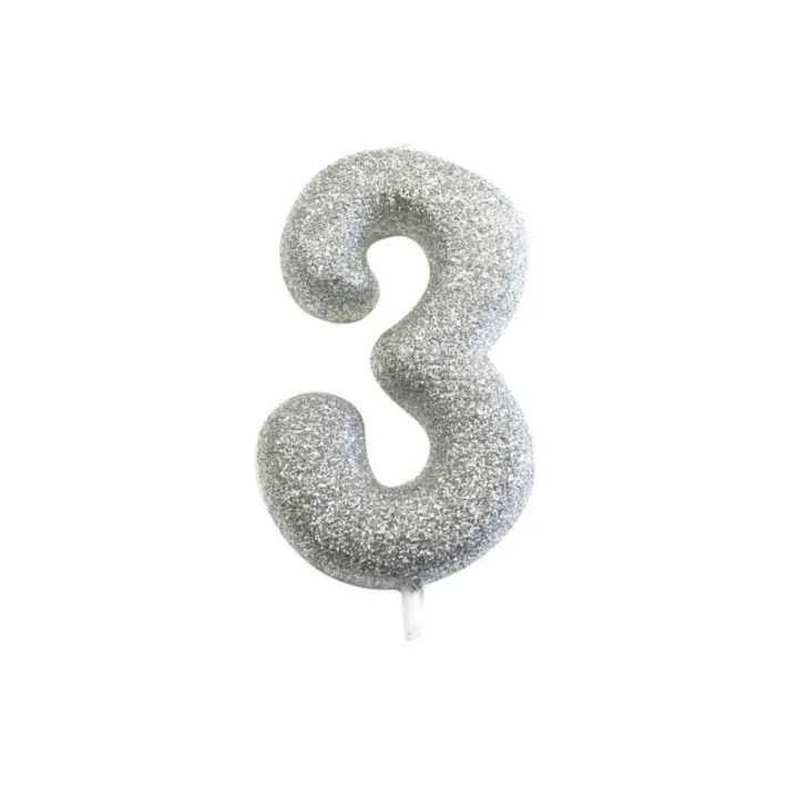 Candela numerica 3 glitter argento per compleanni, anniversari e altre occasioni