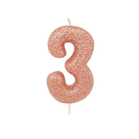 Candelina numero 3 oro rosa glitter per compleanni, anniversari e altre occasioni