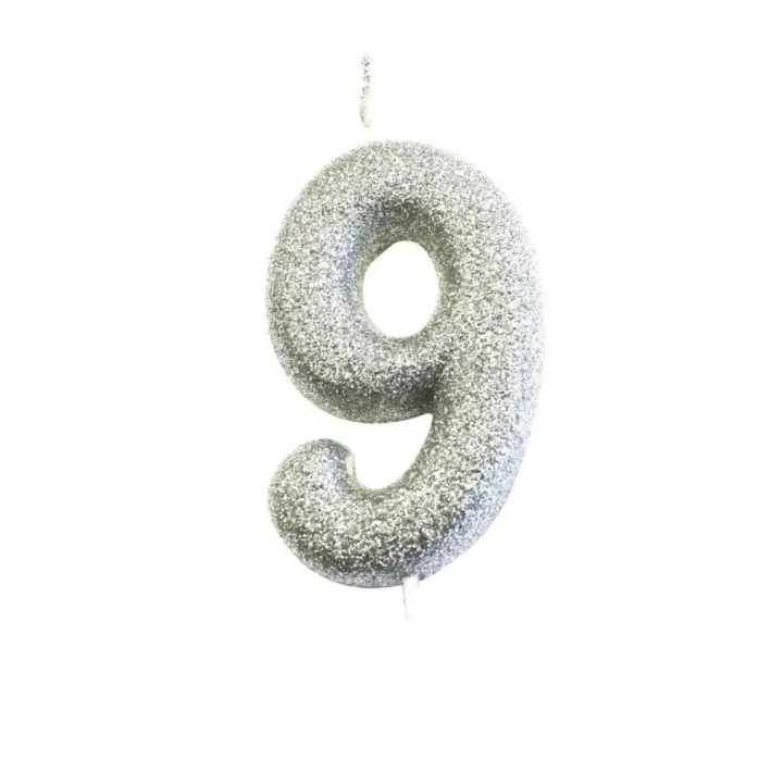 Candela numero 9 glitter argento per compleanni, anniversari e altre occasioni