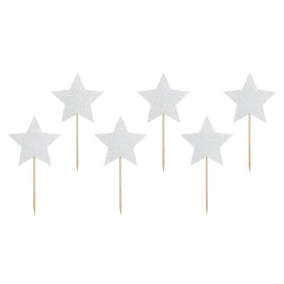 Cupcake Topper Sterne silber, 6 Stück - glitzernde Cake Topper