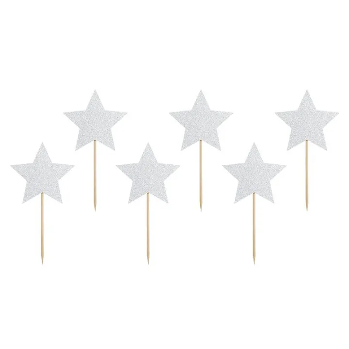 Cupcake Topper Sterne silber, 6 Stück - glitzernde Cake Topper