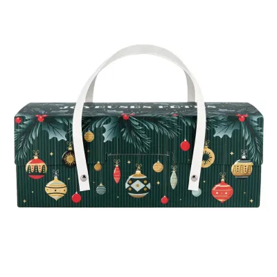Verpackung für Weihnachtsbûche grün mit Weihnachtskugeln und Handgriffen, 30 x 11 x 11 cm