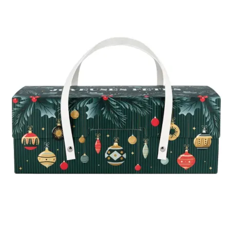Green packaging for Christmas log with Christmas balls and handles, 30 x 11 x 11 cm