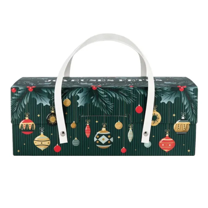 Imballaggio per Bûche di Natale verde con Palline di Natale e manici, 30 x 11 x 11 cm