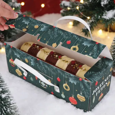 Emballage pour Bûche de Noël vert avec Boules de Noël et poignées, 30 x 11 x 11 cm