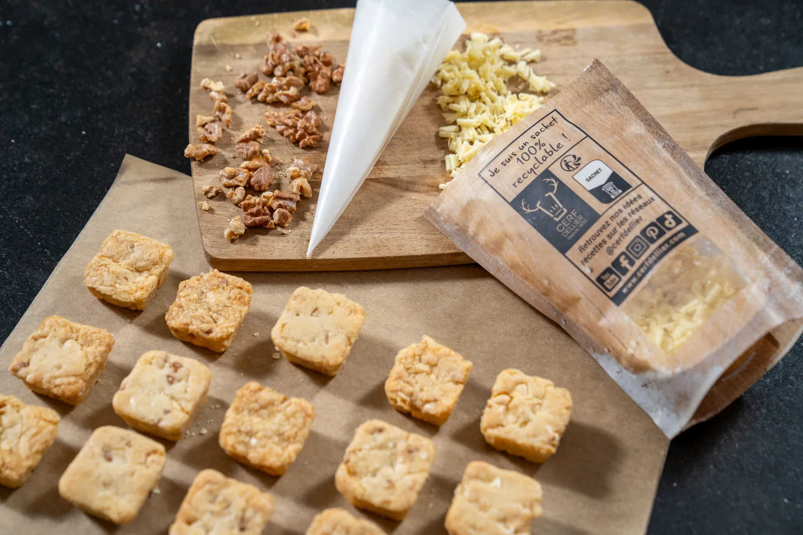 Blondies being decorated with white Ganache from a piping bag, next to walnuts and chocolate curls