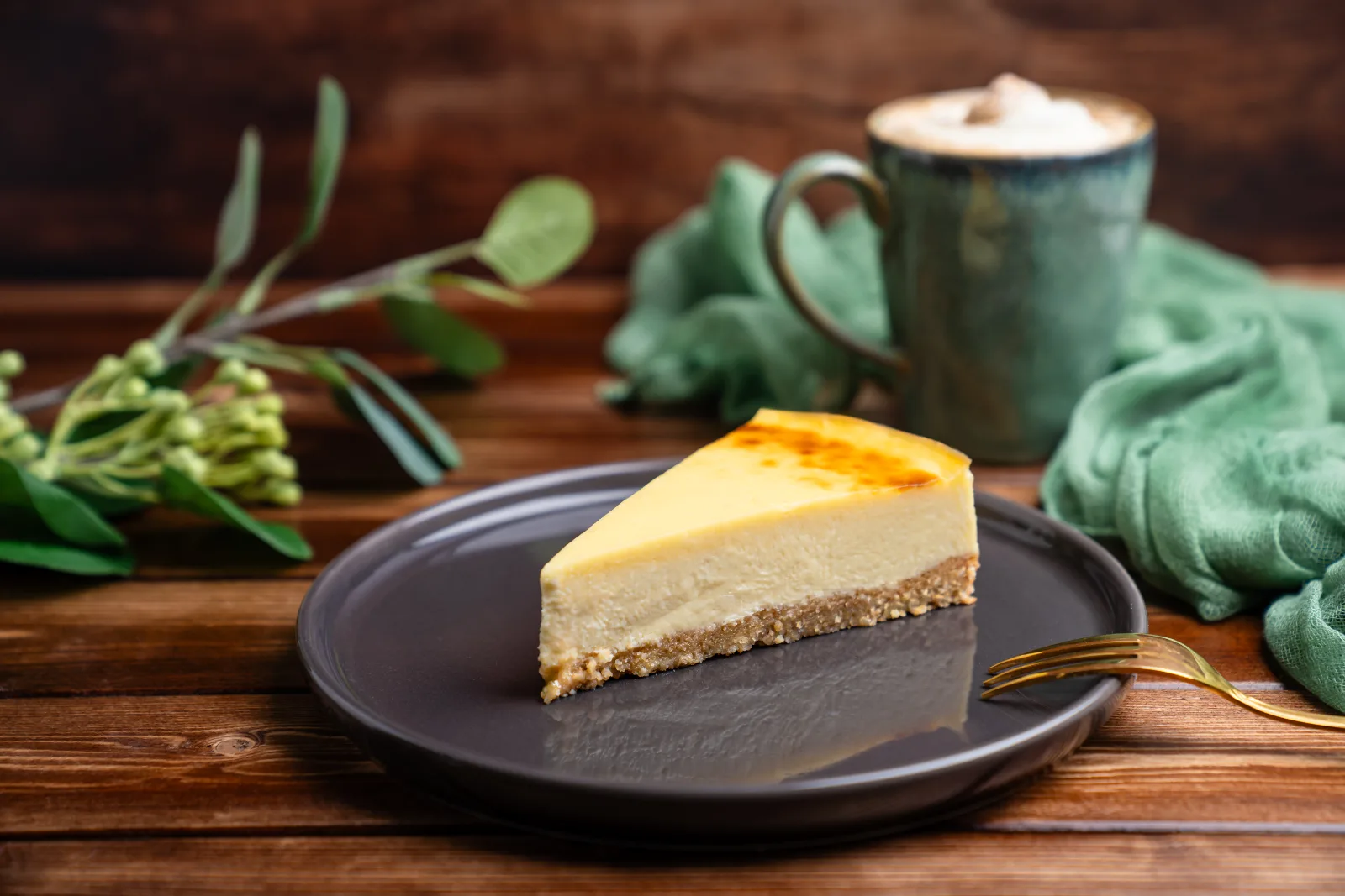 Sliced cheesecake with a golden surface and biscuit base on a dark plate