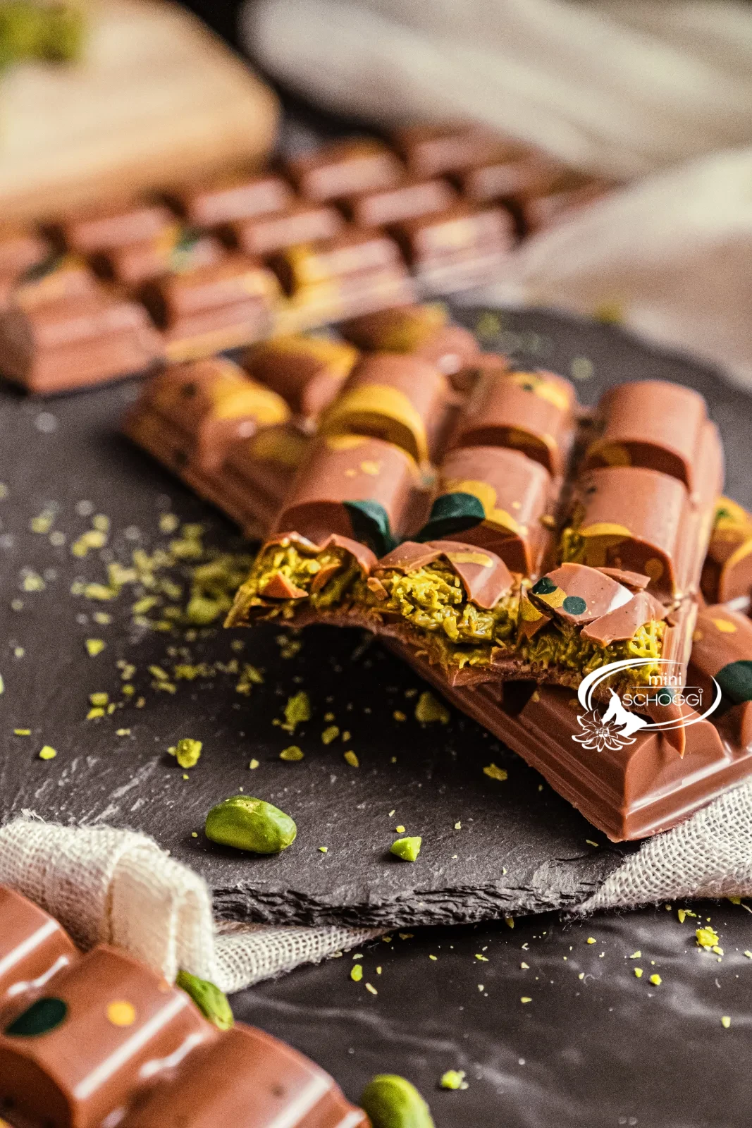 Tablette de chocolat Dubai avec des éclaboussures vert-doré