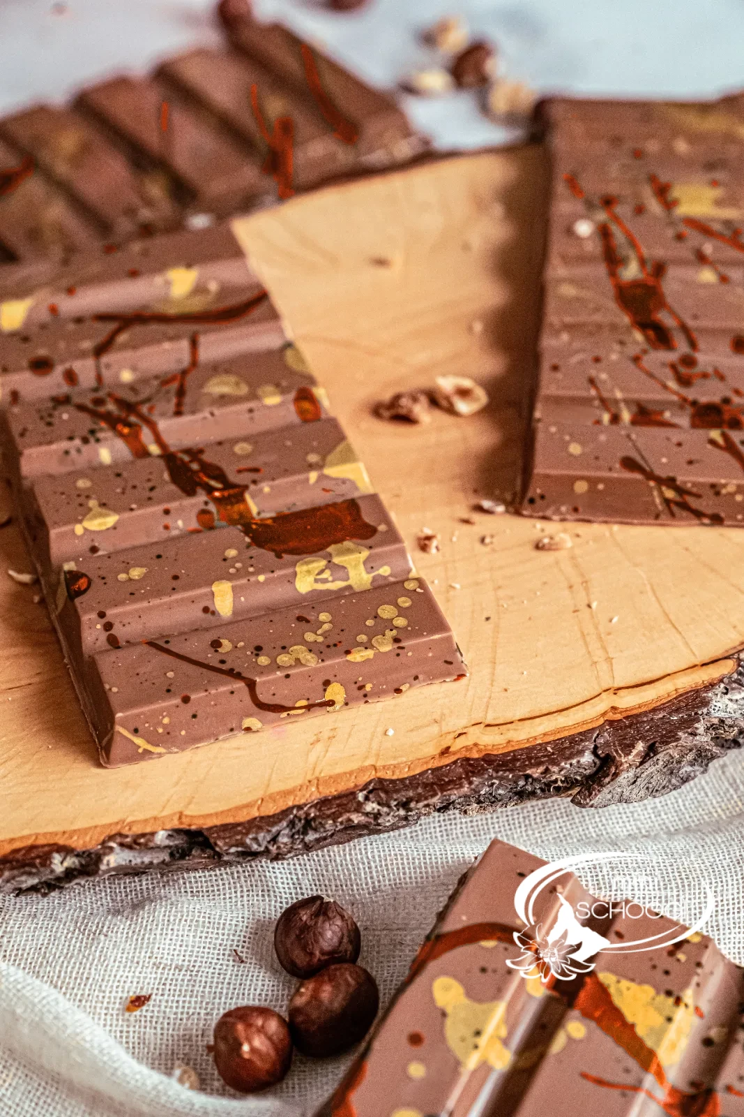Dubai chocolate with hazelnut filling, sliced and stacked