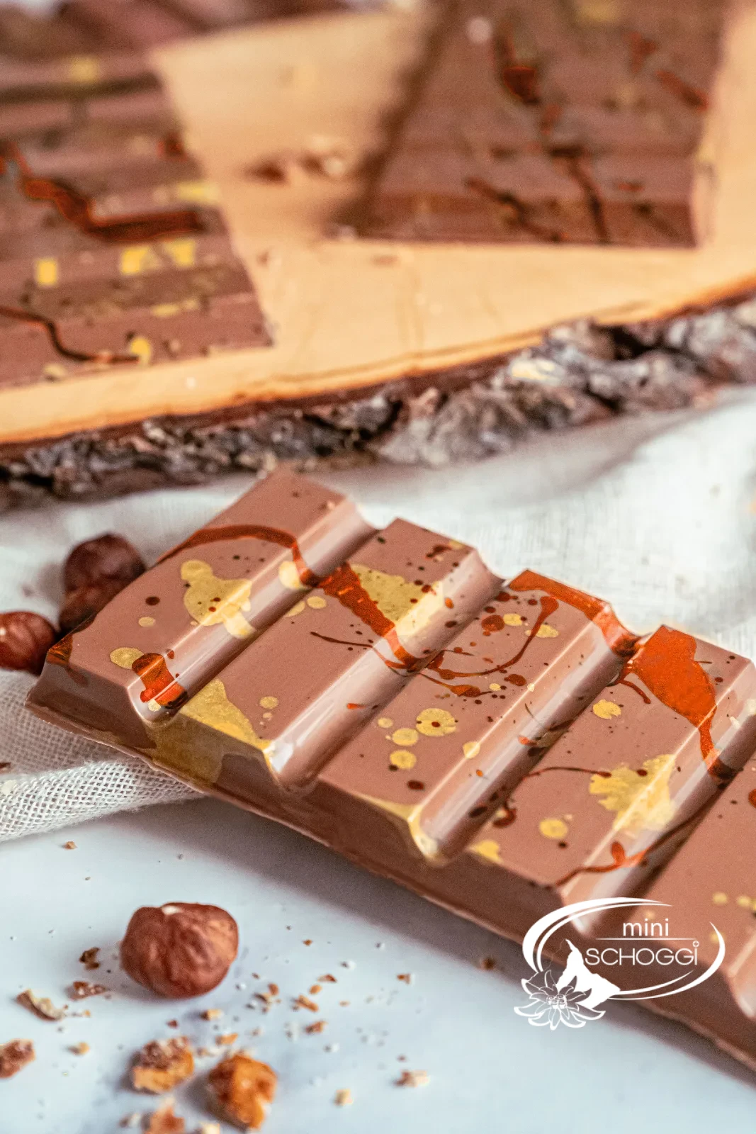Dubai chocolate with hazelnut filling, sliced and stacked