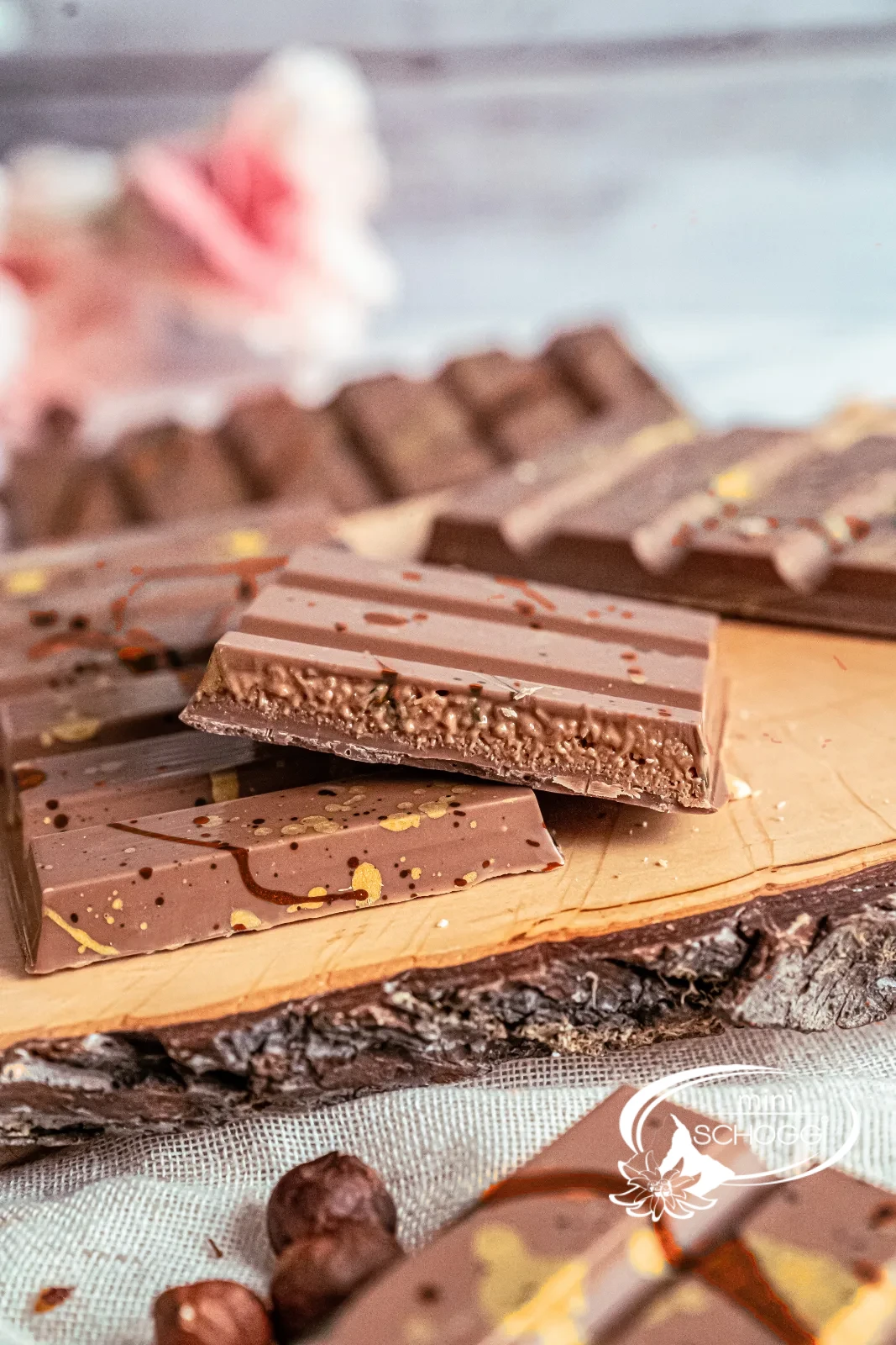 Dubai chocolate with hazelnut filling, sliced and stacked