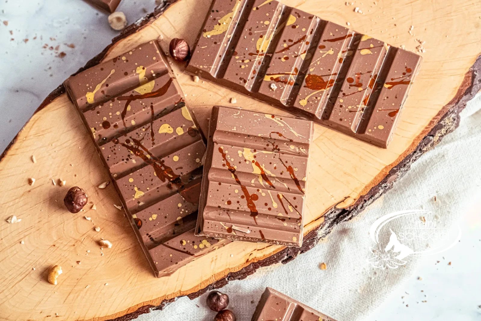 Dubai chocolate with hazelnut filling, sliced and stacked