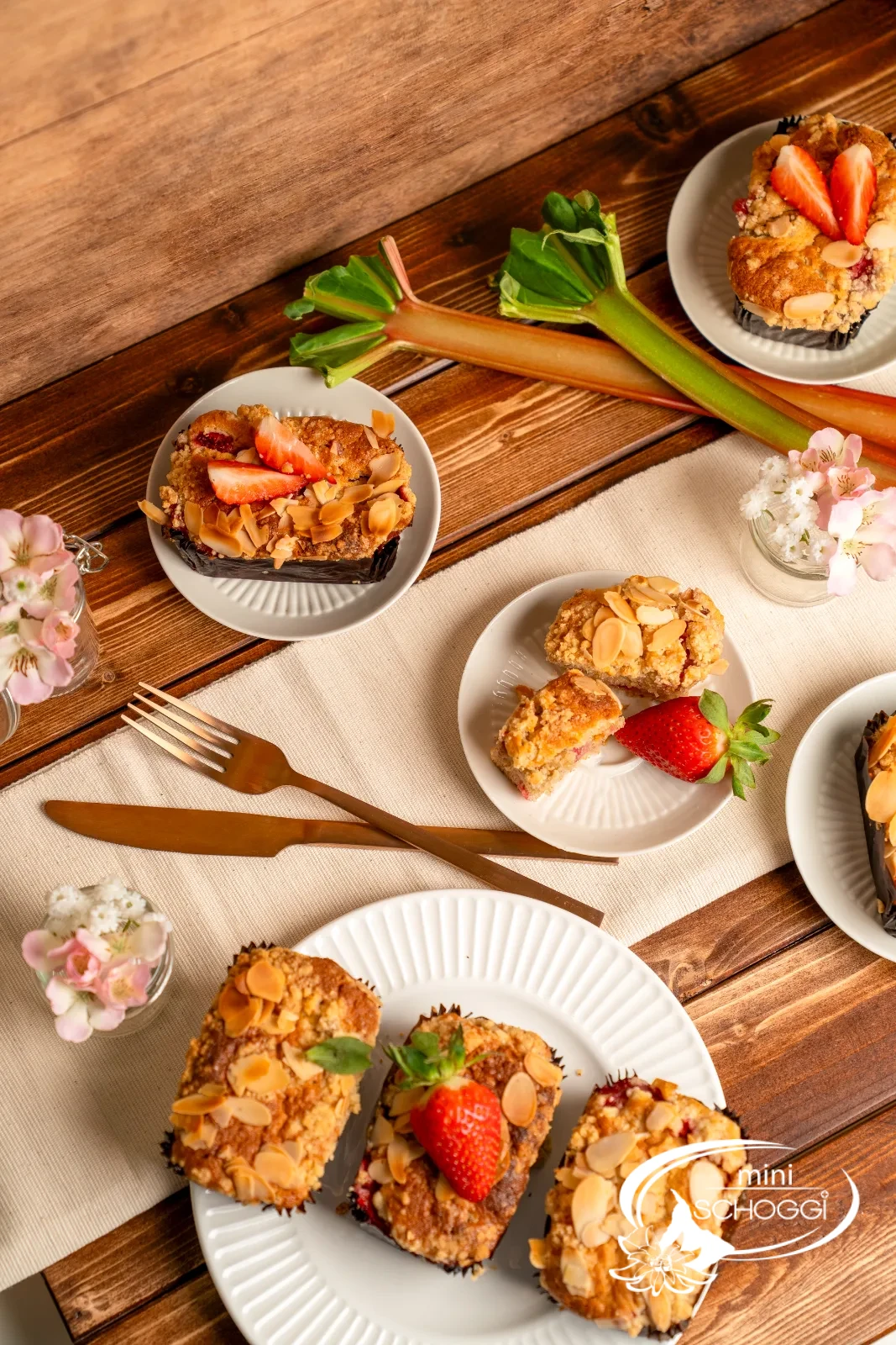 Springtime Mini Cakes with Strawberries & Rhubarb Sprinkles