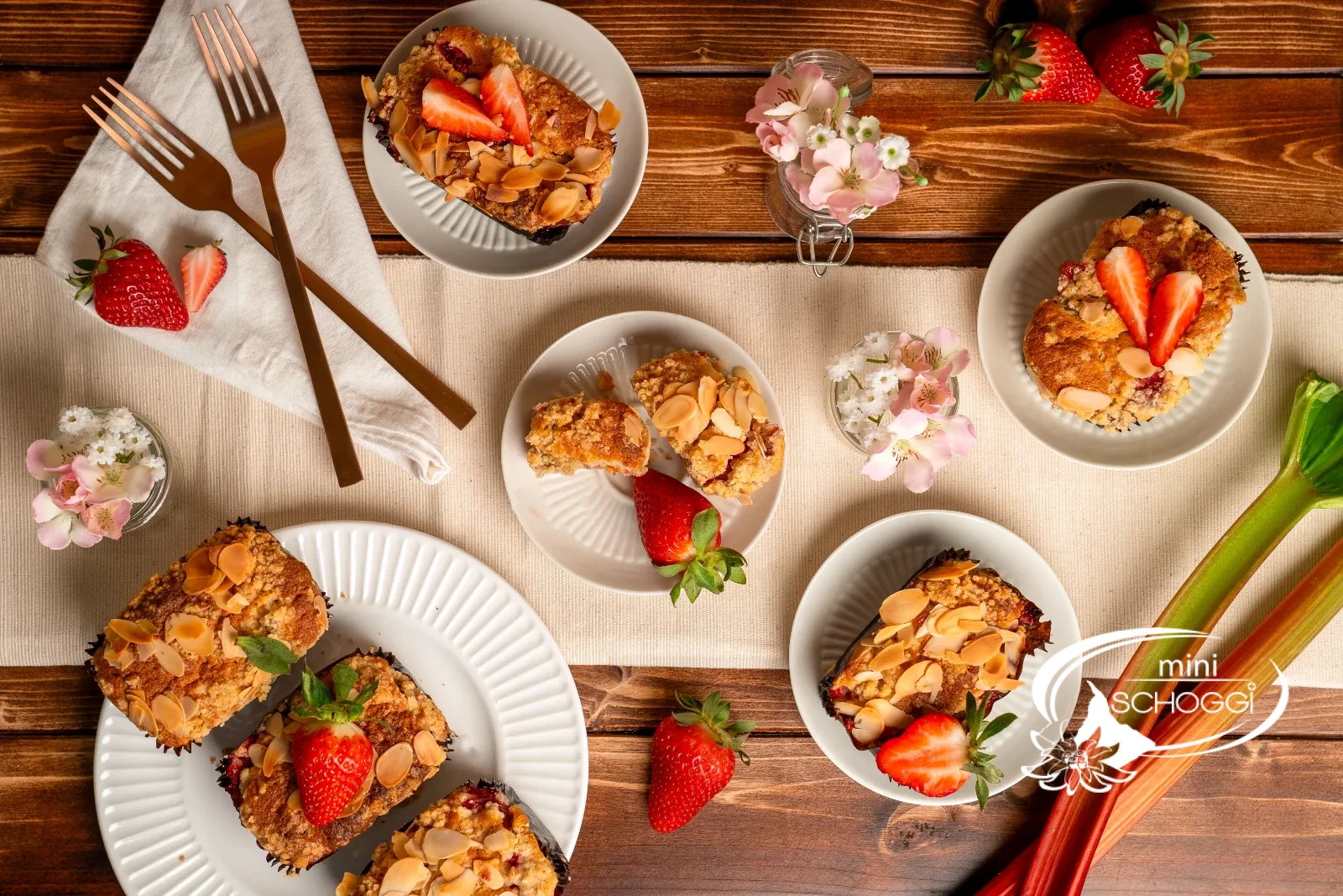 Springtime Mini Cakes with Strawberries & Rhubarb Sprinkles