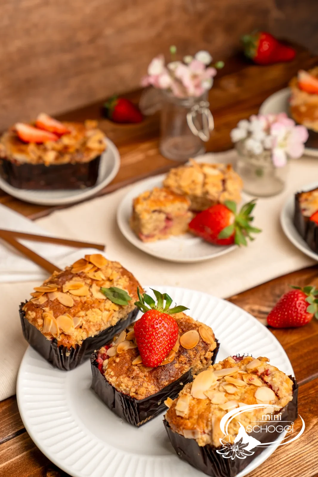 Springtime Mini Cakes with Strawberries & Rhubarb Sprinkles