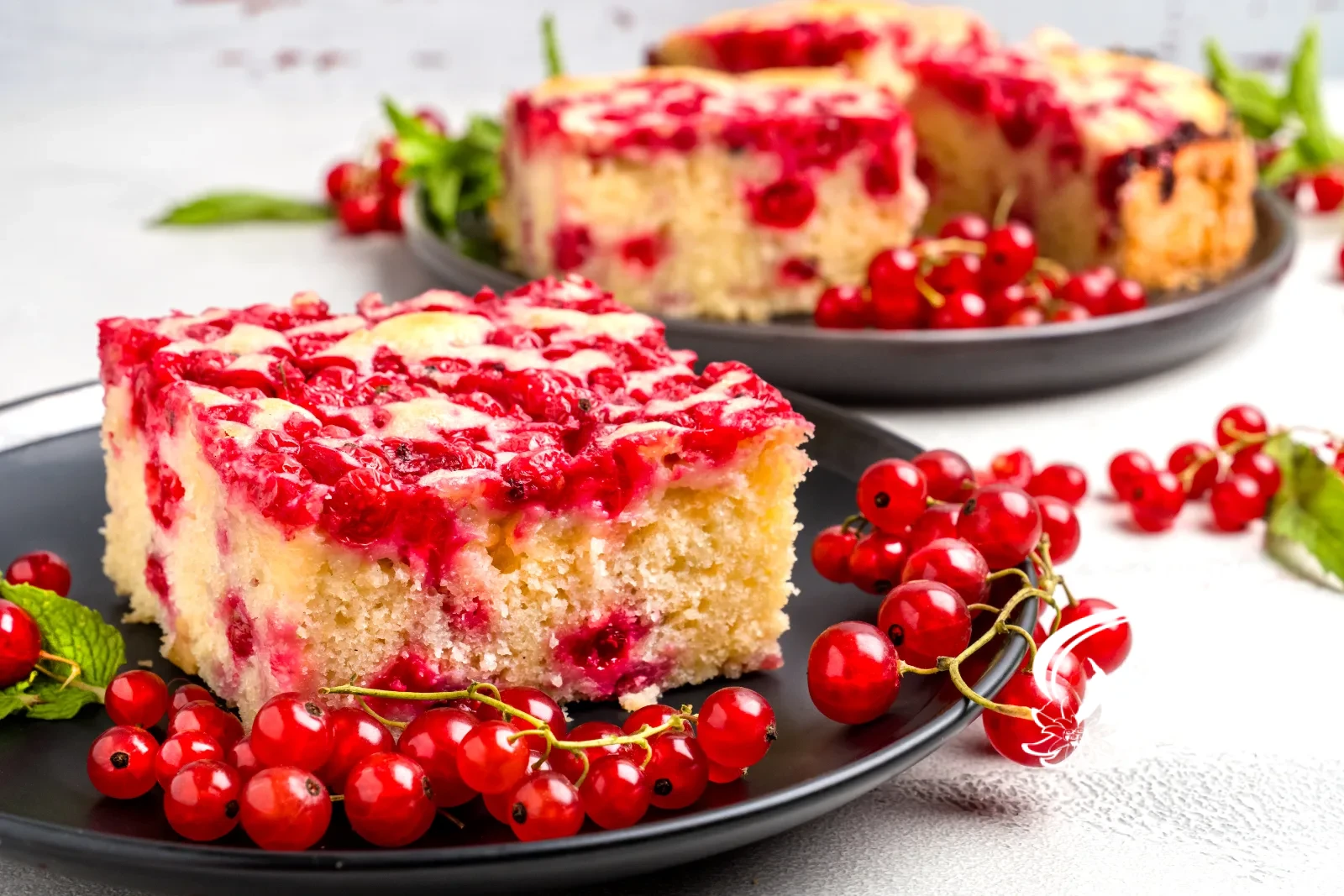 Stück Johannisbeerkuchen von oben auf dunklem Teller, umgeben von frischen Johannisbeeren