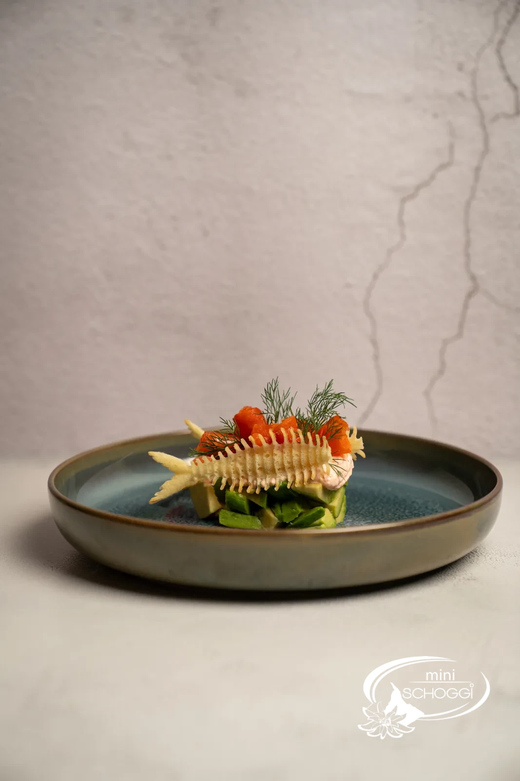 Lachs-Avocado-Vorspeise mit Fischgräten-Hüppen