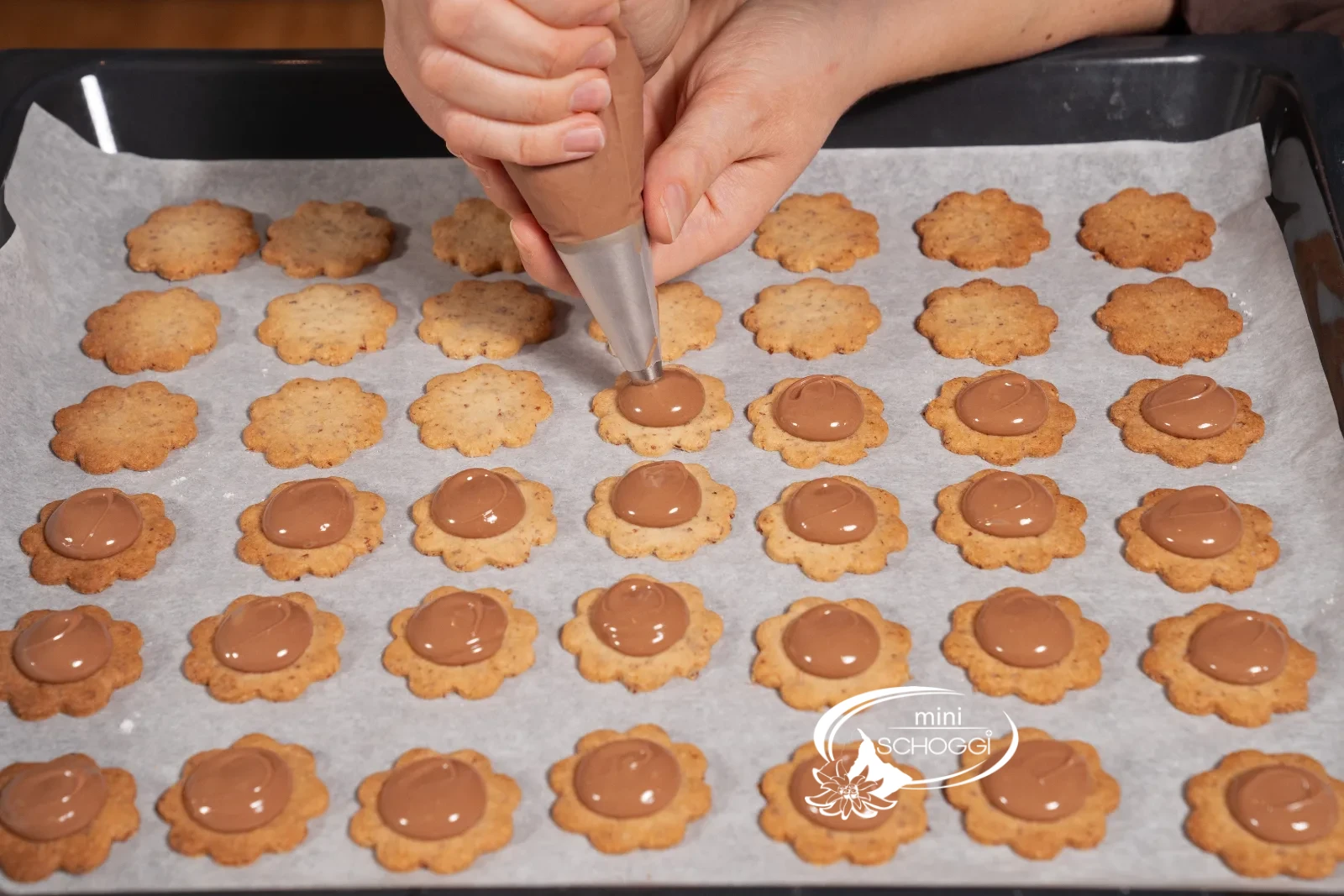 Il ripieno di Gianduja viene dosato in punti uniformi sui biscotti