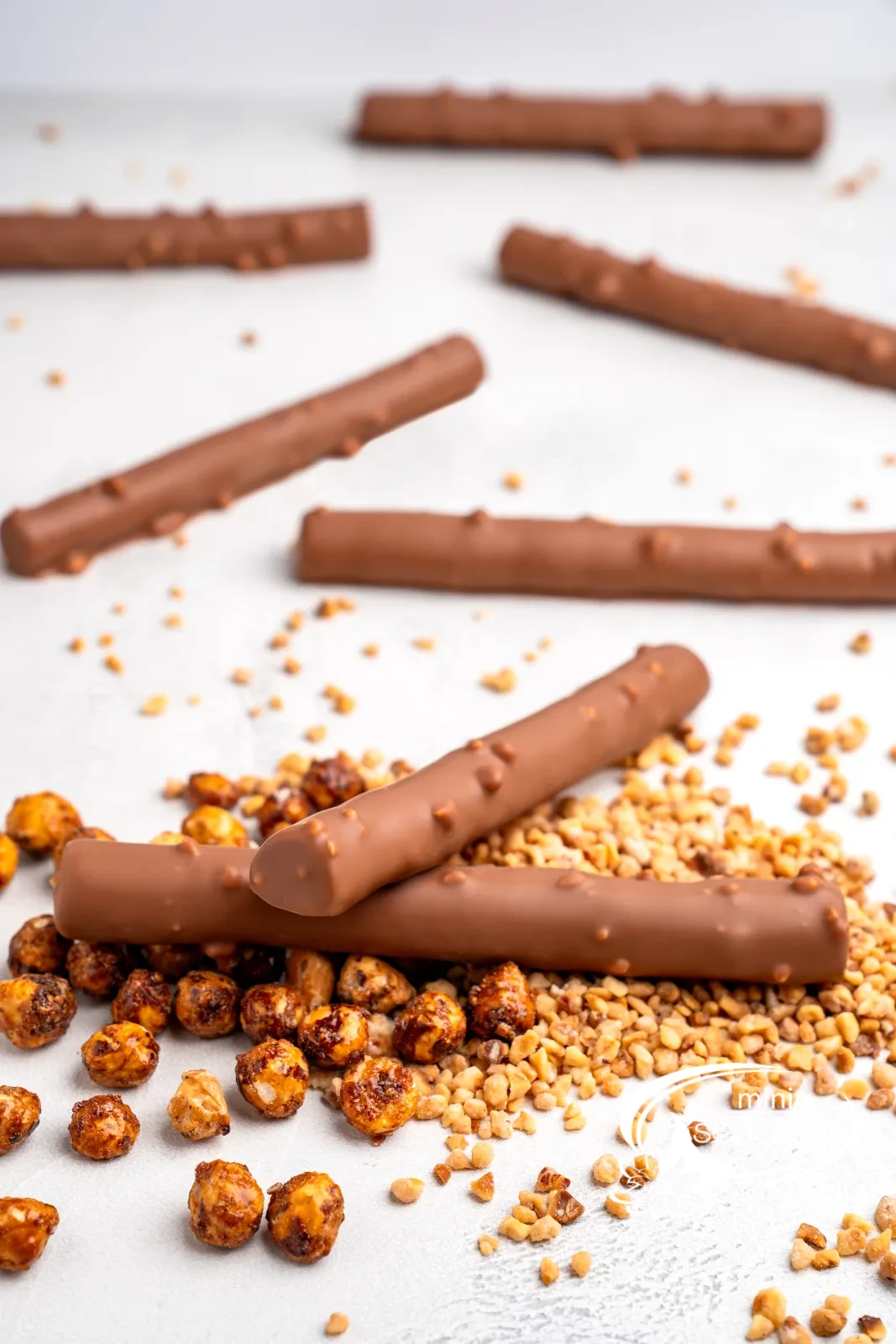 Homemade chocolate twigs with Hazelnut brittle next to caramelised hazelnuts