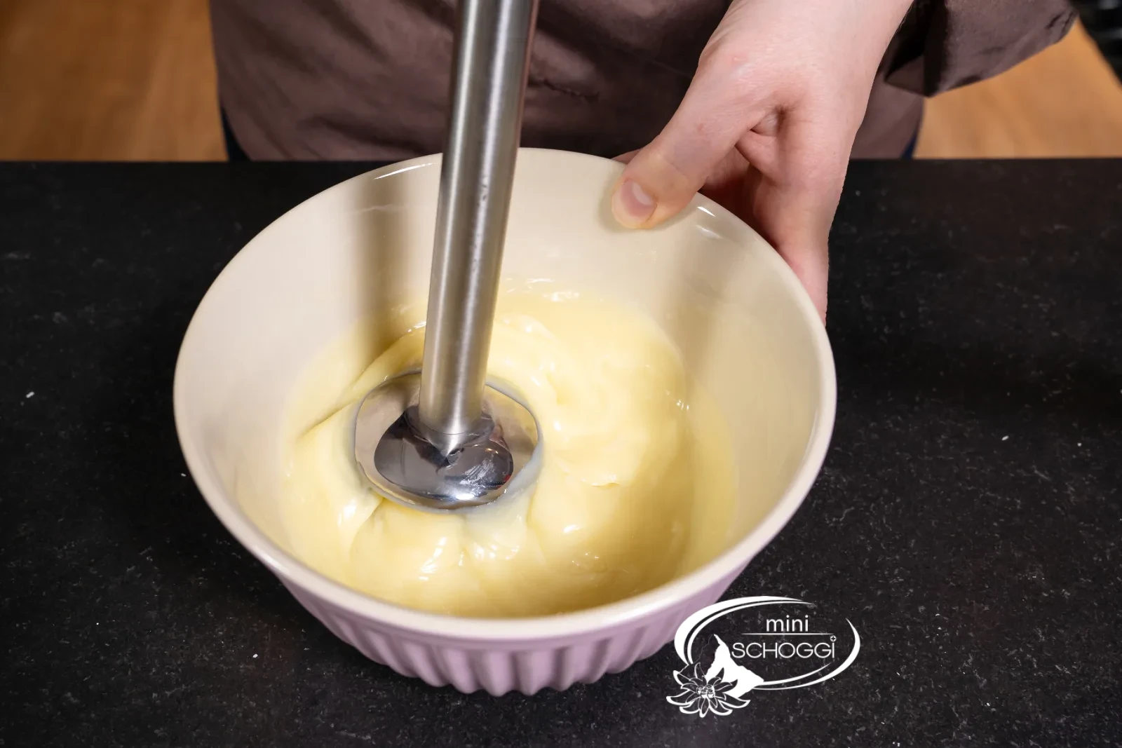 The Ganache is homogenised with the immersion blender