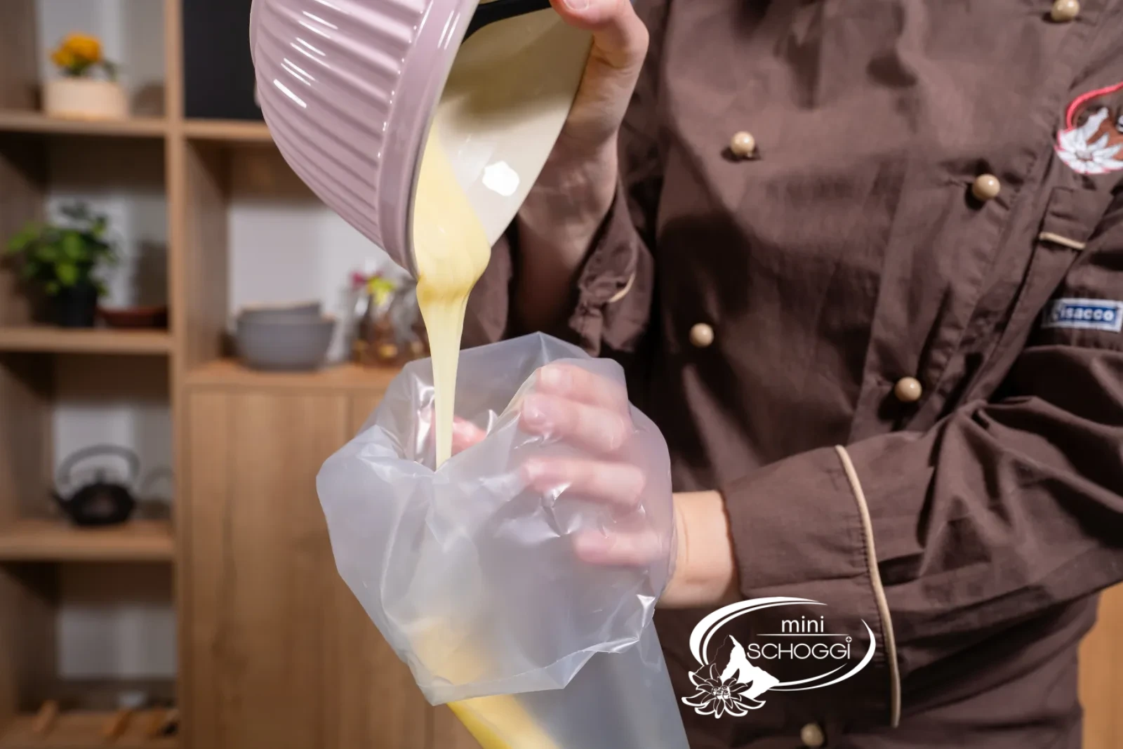 The finished condensed milk Ganache is filled into the Piping bag
